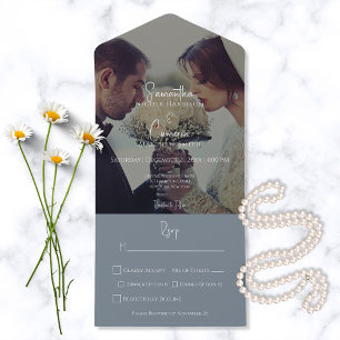 Modern Dusty Blue Elegant Photo Dinner All In One Invitation