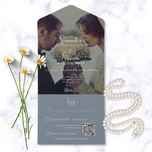 Modern Dusty Blue Elegant Photo QR Code All In One Invitation