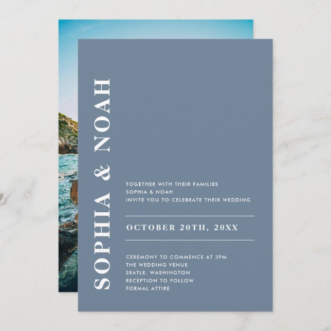 Modern Dusty Blue Elegant Simple Wedding Photo Invitation (Front/Back)