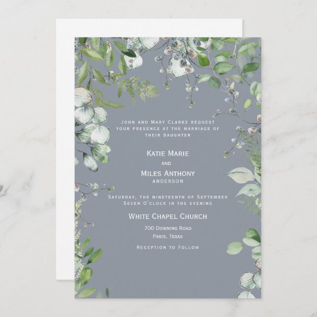 Modern Dusty Blue Eucalyptus Wedding Invitation (Front/Back)