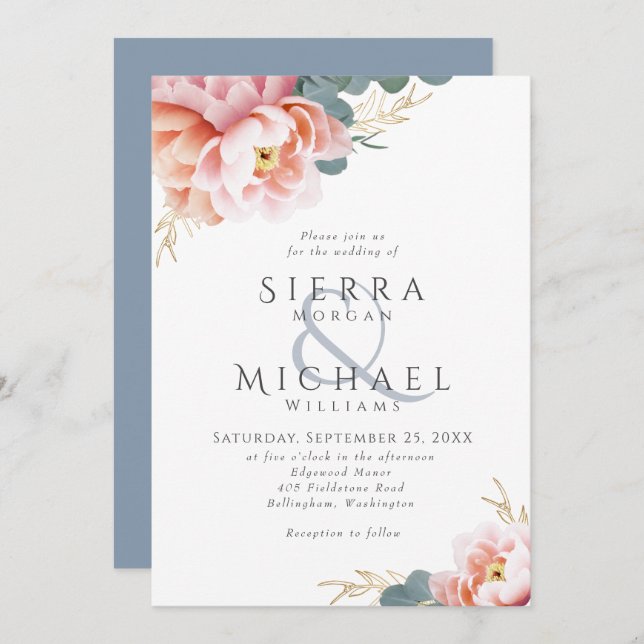 Modern Dusty Blue Floral Blush Pink Peach Wedding Invitation (Front/Back)