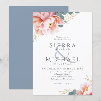 Modern Dusty Blue Floral Blush Pink Peach Wedding Invitation