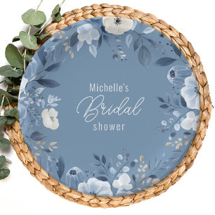 Modern Dusty Blue Floral Boho Bridal Shower Paper Plate