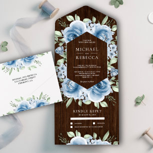Modern Dusty Blue Floral Bouquet Barn Wood Wedding All In One Invitation