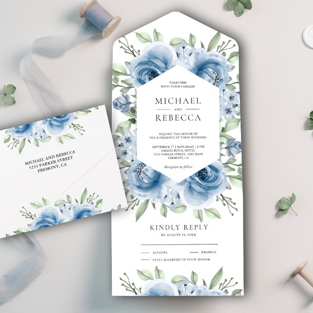 Modern Dusty Blue Floral Bouquet Greenery Wedding All In One Invitation (Creator Uploaded)