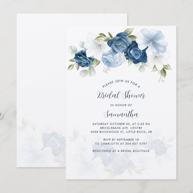 Modern Dusty Blue Floral Bridal Shower Invitation (Front/Back)