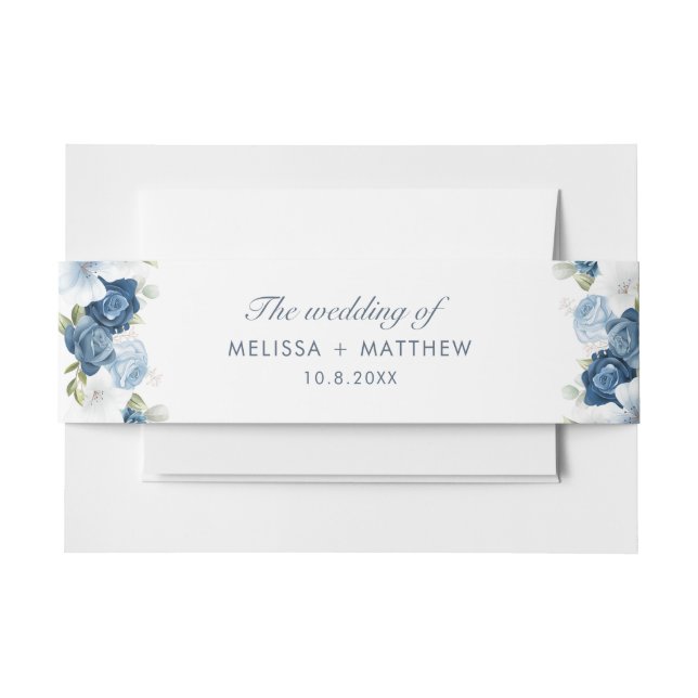 Modern Dusty Blue Floral Elegant Wedding Invitation Belly Band (Front Example)