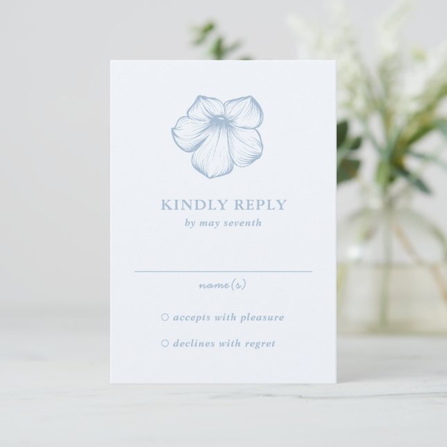 Modern Dusty Blue Floral Elegant Wedding RSVP Card (Standing Front)