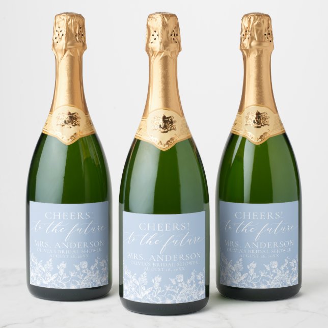 Modern Dusty Blue Floral Future Mrs. Bridal Shower Sparkling Wine Label (Bottles)