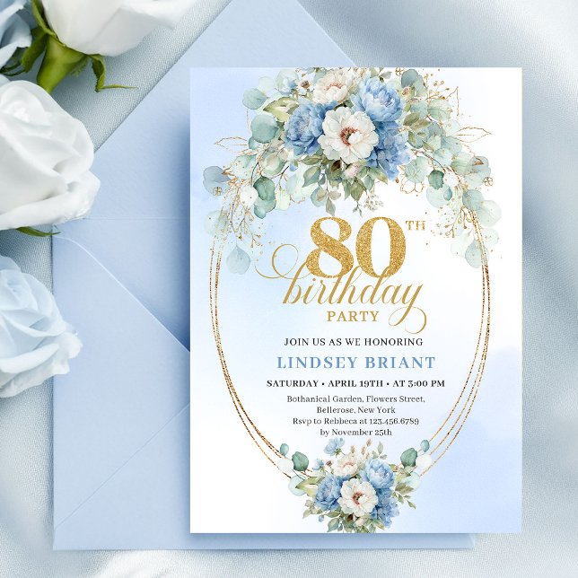 Modern Dusty Blue Floral Gold 80th Birthday Invite (Modern Dusty Blue Floral Gold 80th Birthday Invite)