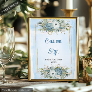 Modern Dusty Blue Floral Gold Glitter Wedding Sign