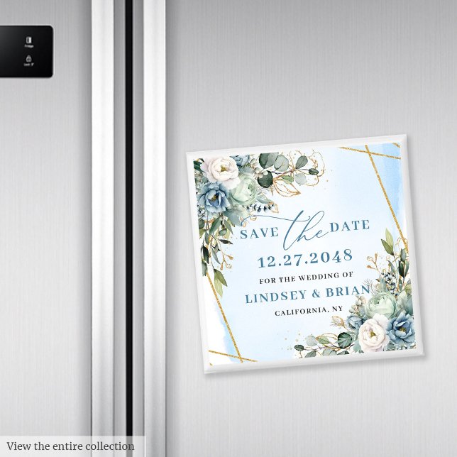 Modern Dusty Blue Floral Gold Save the Date Magnet (Modern Dusty Blue Floral Gold Save the Date Magnet)