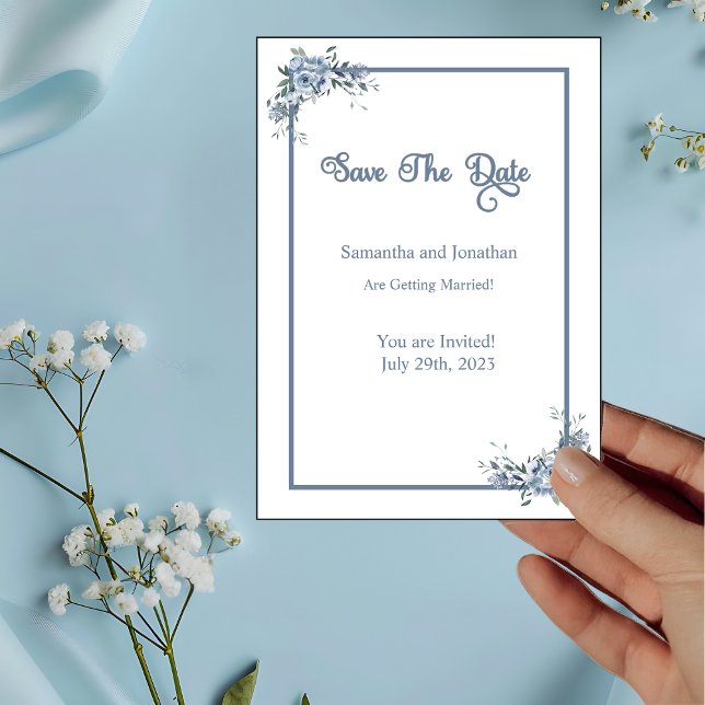 Modern Dusty Blue Floral Save the Date Card (Creator Uploaded)