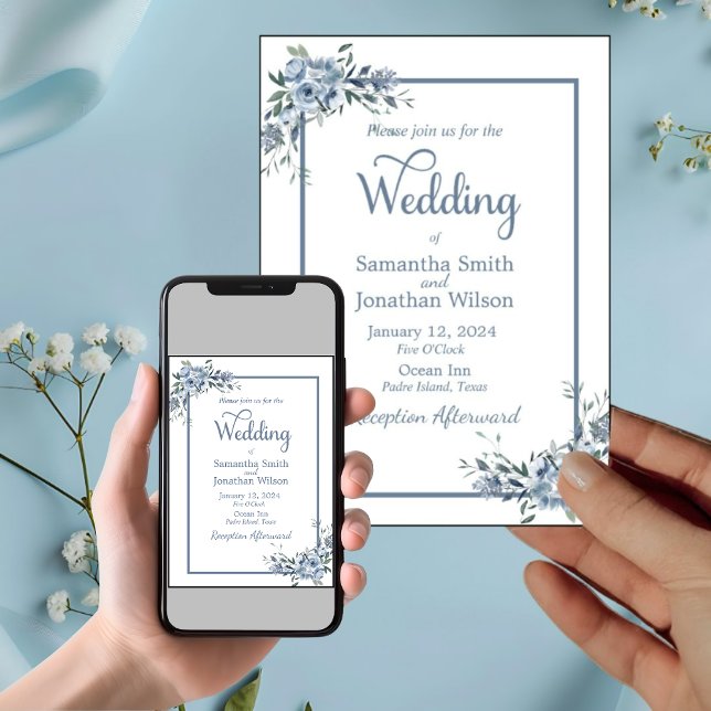 Modern Dusty Blue Floral Wedding  Invitation (Creator Uploaded)