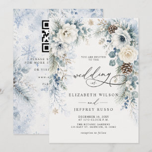 Modern Dusty Blue Floral Winter QR Code Wedding Invitation