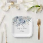 Modern Dusty Blue Florals Baby in Bloom Shower Paper Plate<br><div class="desc">Modern Dusty Blue Florals Script Baby in Bloom Shower. Elegant florals in summery light blue are at the top. Baby in Bloom is in a set handwriting style script. Easily personalise the rest of the text to your own details.</div>
