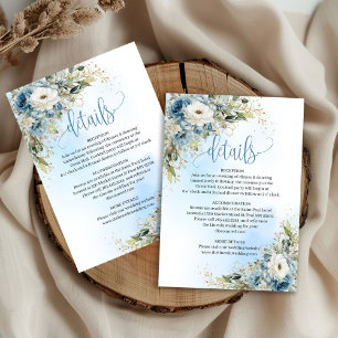 Modern Dusty Blue Flowers Gold Wedding Details RSVP Card