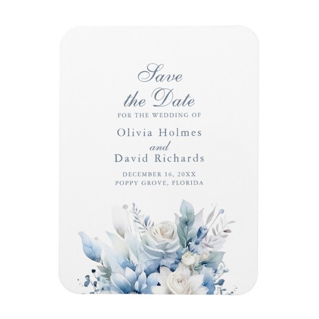 Modern Dusty Blue Flowers Save the Date Card Magnet (Vertical)