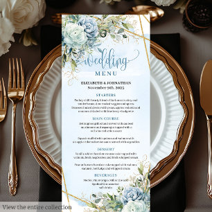 Modern Dusty Blue Flowers White Gold Wedding Menu
