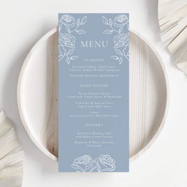 Modern Dusty Blue French Roses Wedding Menu (Creator Uploaded)