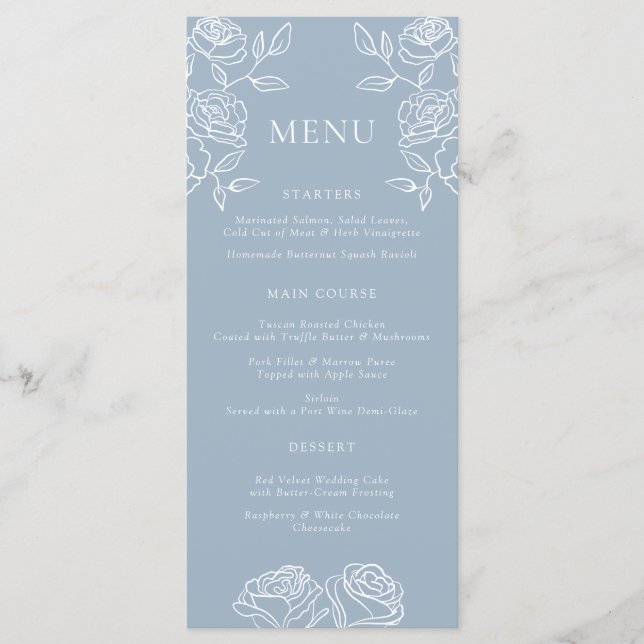 Modern Dusty Blue French Roses Wedding Menu (Front)