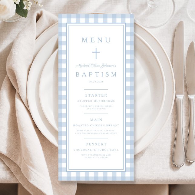 Modern Dusty Blue Gingham Boy Baptism Menu (Modern Dusty Blue Gingham Boy Baptism Menu)