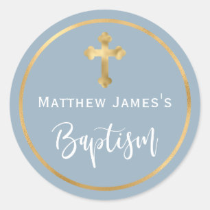 Modern Dusty Blue Gold Cross Boy Baptism  Classic Round Sticker