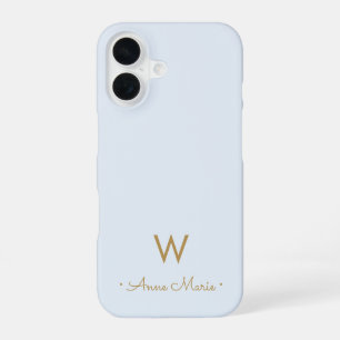 Modern Dusty Blue Gold Script Monogram iPhone 16 Case