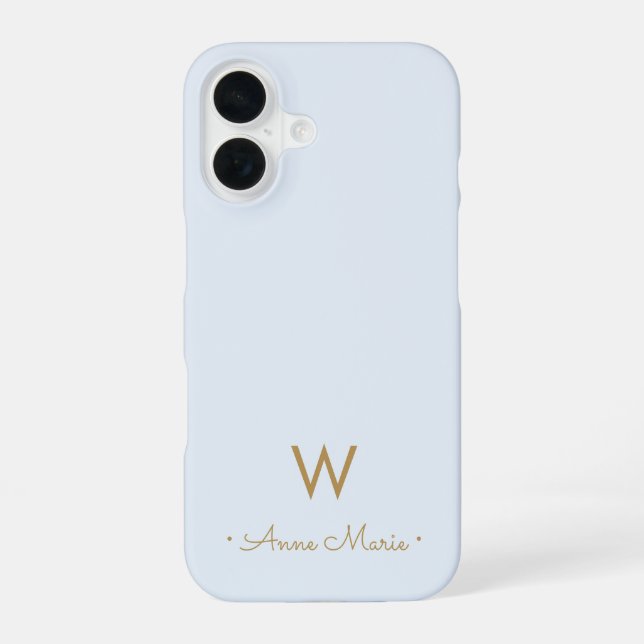 Modern Dusty Blue Gold Script Monogram iPhone 16 Case (Back)