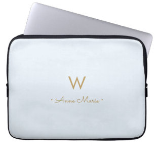Modern Dusty Blue Gold Script Monogram Laptop Sleeve