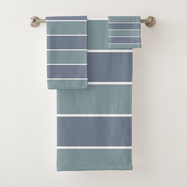 Modern Dusty Blue Green Stripes Bath Towel Set (Insitu)