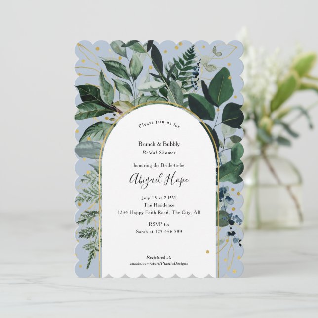 Modern Dusty Blue Greenery foliage brunch & Bubbly Invitation (Standing Front)
