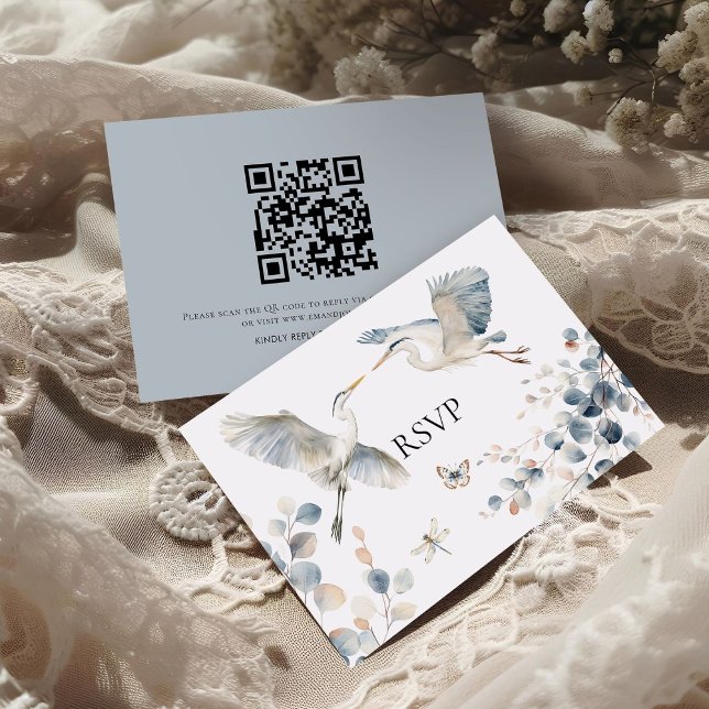 Modern Dusty Blue Herons QR Code Wedding RSVP Card (Front and back view)