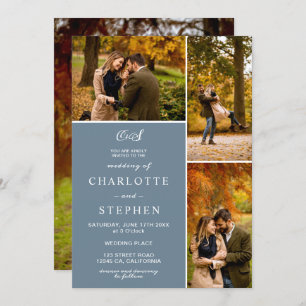 Modern dusty blue initials 4 photos grid wedding invitation