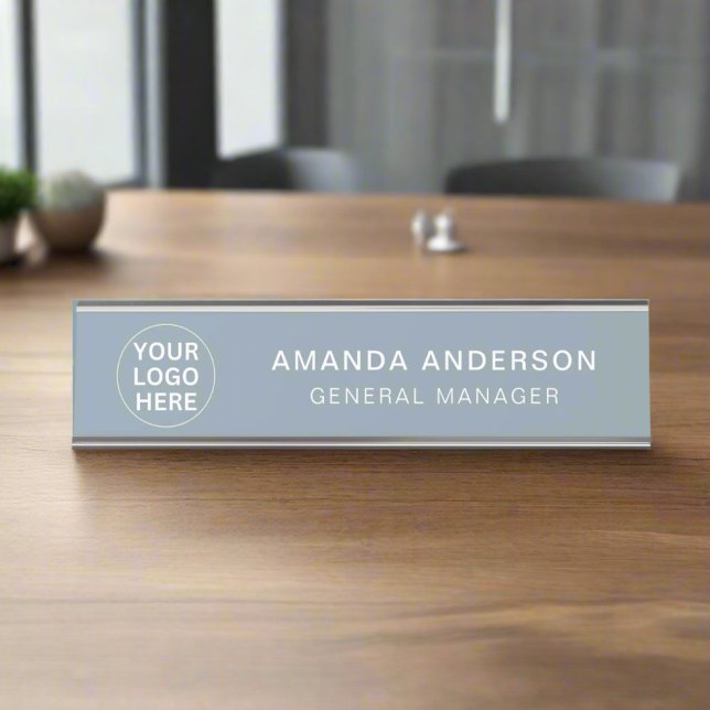 Modern Dusty Blue l Professional Company Logo Desk Name Plate (Creator Uploaded)