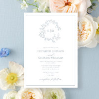 Modern Dusty Blue Leafy Crest Monogram Wedding Inv