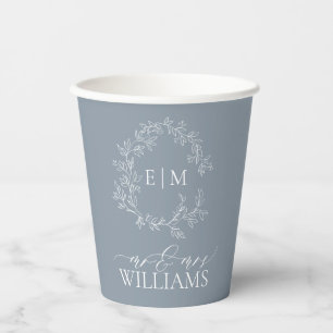 Modern Dusty Blue Leafy Crest Monogram Wedding Paper Cups