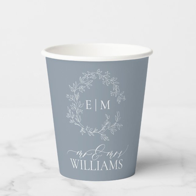 Modern Dusty Blue Leafy Crest Monogram Wedding Paper Cups (Front)