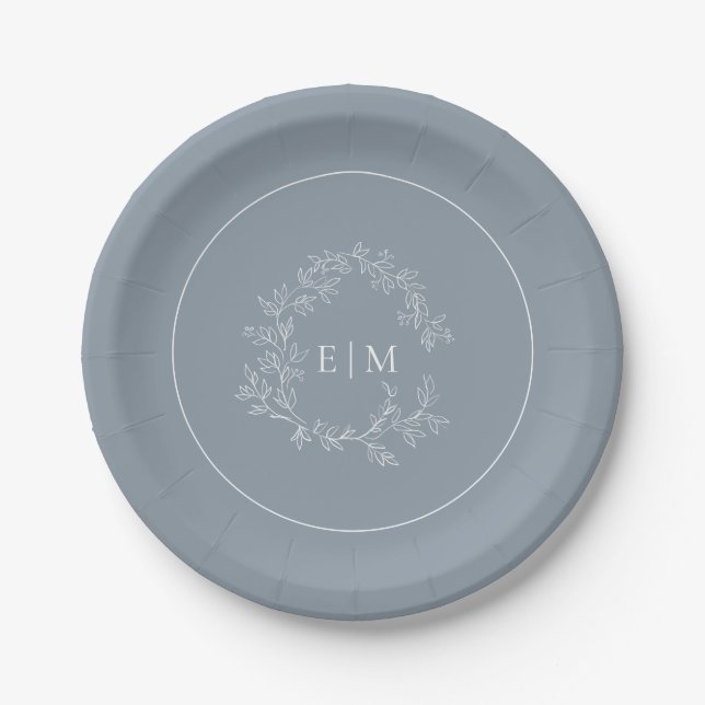 Modern Dusty Blue Leafy Crest Monogram Wedding Paper Plate (Front)