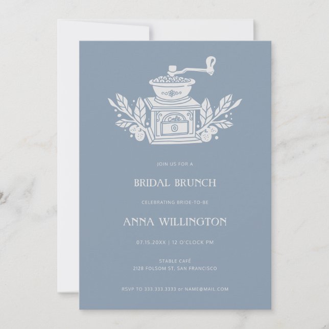 Modern Dusty Blue Linocut Bridal Shower Brunch Invitation (Front)