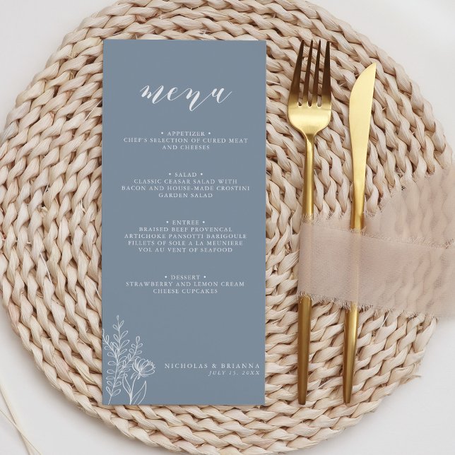 Modern Dusty Blue Minimal Floral Wedding Monogram Menu (Creator Uploaded)