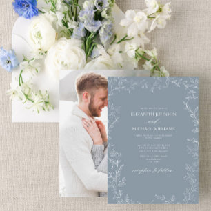 Modern Dusty Blue Minimal Leaf Photo Wedding Invitation