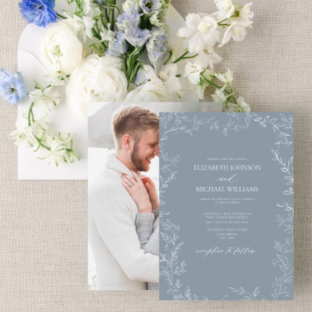 Modern Dusty Blue Minimal Leaf Photo Wedding Invitation (Creator Uploaded)