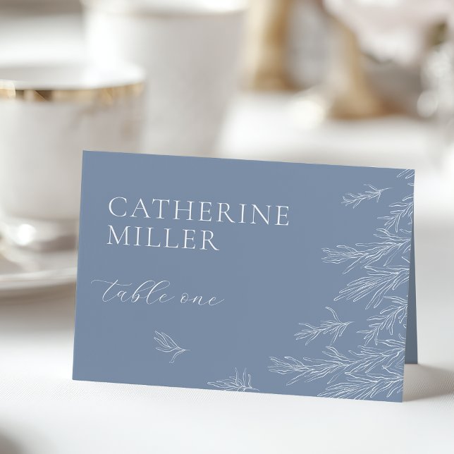 Modern Dusty Blue Minimal Leaves Place Card (Creator Uploaded)