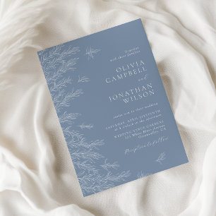 Modern Dusty Blue Minimal Leaves Wedding Invitation