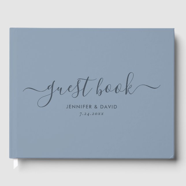Modern Dusty Blue Minimalist Script Wedding Guest  Book (Front)