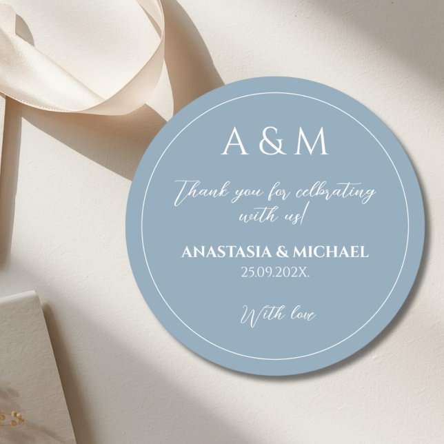Modern dusty blue minimalist wedding classic round sticker (Creator Uploaded)