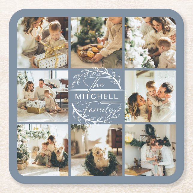 Modern Dusty Blue  Monogram Family Name & Photo Square Paper Coaster (Front)