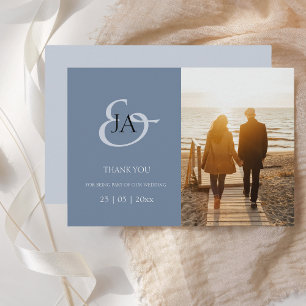 Modern Dusty Blue Monogram Photo Wedding Thank You