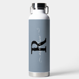Modern Dusty Blue Monogram Script Name  Water Bottle